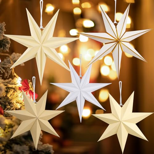 EASY JOY 5 PCS Christmas Star Decorations,3D Hanging Paper Stars Lanterns Novel Hanging Christmas Ornaments Beige Brown Xmas Paper Decor for Indoor Wall Tree Fireplace Window Door Decor