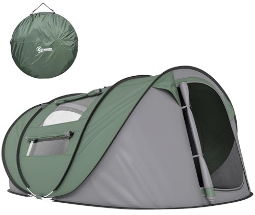 Outsunny Tente de Camping 4-5 Personnes Pop-up Montage instantané avec 2 Portes enroulables et 4 fenêtres, Fibre de Verre Polyester PE, 2,63 x 2,2 x 1,23 m Vert Gris