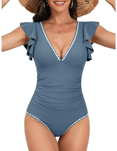 Nadeer Costume da Bagno Donna Intero Contenitivo Costumi Interi Mare Curvy Sexy Push Up Scollo a V Costumi Un Pezzo Controllo della Pancia Vita Alta Beachwear con Increspato(Azzurro Cielo,L)