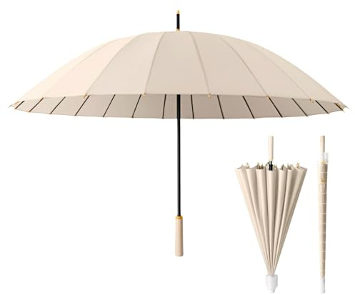 UTHDLM Paraguas Bastón Antiviento 24 Varillas Reforzadas, Parasol e Impermeable, Dosel Grande Doble, Resistente al Viento, Con Funda Impermeable, Hombre y Mujer(Off-White)