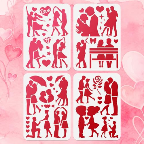 Doodlream 4 stencil con sagoma di coppia per pittura, 29,7 x 21 cm, stencil riutilizzabili per San Valentino, modelli da disegno fai da te, per legno, parete, tessuto, vetro, tela di carta