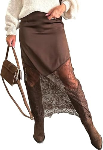Pinclodly Satin Skirts for Women High Waist Lace Skirts Y2K Elegant Lace Patchwork Skirt Solid Silk Wrap Maxi Skirts 2026