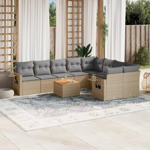 YUTAASU Set di 10 divani da giardino con cuscini beige, in polyrattan, set modulare con tavolino e ripiani, mobili durevoli in rattan sintetico per terrazza, esterni, gruppo di sedute