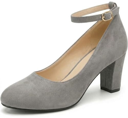 Womens Ladies Block Heel Ankle Strap Work Court Evening Dress Girls Shoes Pumps UK Size 3-12 (5 UK, Grey Suede)