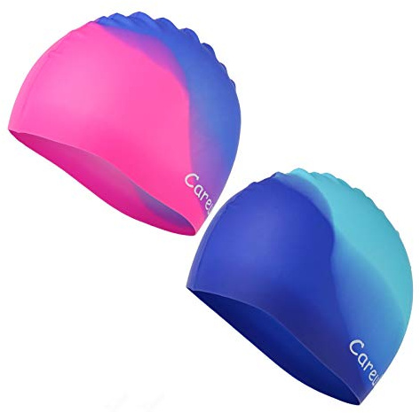 Swim Cap, 2 Pack Durable Silicone Swimming Caps for Kids Girls Boys Youths (Age 2-12), Soft 3D Ergonomic Waterproof Kids Swim Caps, Comfortable Fit for Long Hair and Short Hair