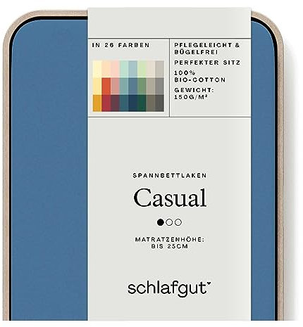 Schlafgut Casual Spannbettlaken 180x200cm bis 200x200cm - 100% Biobaumwolle, Oeko-TEX Zertifiziert, Blue Mid, Matratzenhöhe bis 25cm