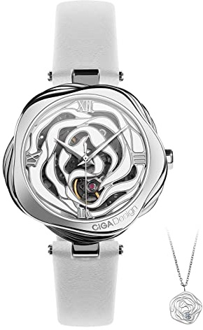CIGA Design Danish Rose Orologio da Donna, Orologio Meccanico Scheletrato Bianco alla Moda, Set con Confezione Regalo