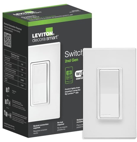 Leviton Decora Smart Switch, Wi-Fi 2nd Gen, Neutral Wire Required, Works with Matter, My Leviton, Alexa, Google Assistant, Apple Home/Siri & Wired or Wire-Free 3-Way, D215S-1RW, White