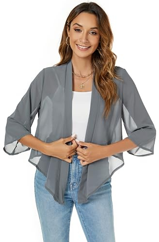 Famrrifuu Coprispalle Donna Elegante Leggero Estivo Cardigan Corta Maniche 3/4 Chiffon Casual Bolero Giacca Coprispalle Corto,Grigio,XL