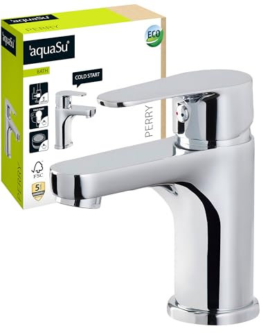 'aquaSu® Waschtischarmatur Perry, mit Wassersparmischdüse, Kosten-sparende Kaltwassermittelstellung, Excentergarnitur, Keramikkartusche, Standard-Montage, Messingkern, verchromt, 797337