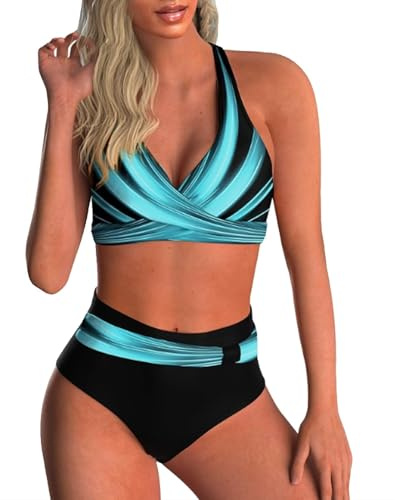 Yutdeng Trajes de Baño Mujer 2 Piezas Conjuntos de Bikini Push Up Cruzados Bañadores Estampado Tribal Cintura Alta Swimwear sin Espalda Braguita de Biquini Fruncido,Multicolor,M