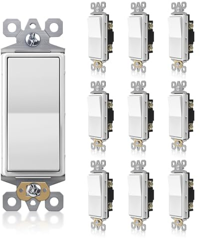 TOPELER 10 Pack Single Pole Decorator Light Switch, Decorative Paddle Rocker Switch Replacement, 15A 120/277V On/Off Interrupter, Self-Grounding, Residential/Commercial Grade, ETL Listed