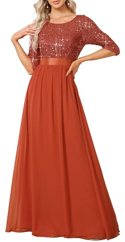 Ever-Pretty Robe de Soirée Femme Longue Empire à Paillettes Élastique Mousseline Fluide Orange Caramel 44