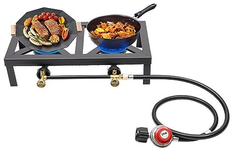 Réchaud à gaz de camping portable - Cuisinière à gaz à double brûleur avec tuyau régulateur pour camping en plein air, pique-niques, barbecues, 0-10 PSI