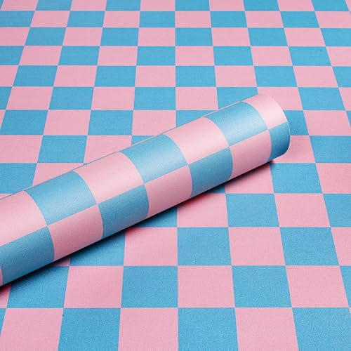 ReWallpaper självhäftande folie rutig rosa självhäftande tapet blå 44.5CMx3M foliemönster geometriskt för möbler kök stänkskydd avtagbar tapet plantskola flickor rosa schackbräde