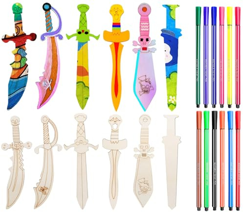 SZZETK 12 espadas piratas y 12 lápices de acuarela, espadas largas de caballero de madera, pintura de espada de madera pirata y cuchillo de madera, adecuados para manualidades decorativas hechas a