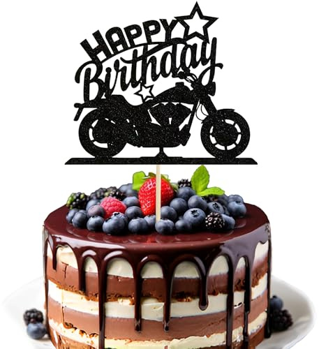 Motorbike Happy Birthday Cake Topper - Black Glitter Motorbike Cake Decoration for Motorcycle Rider Racing Theme Party, Birthday Party Cake Decor Supplies