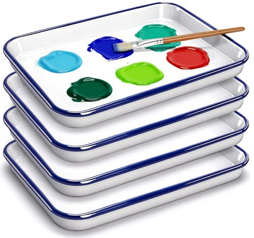 Elsjoy 4 Pack Enamel Butcher Tray, 10.8 x 7.7 Inch Rectangular Paint Palette Enamel Tray, Vintage Enamelware for Painting, Food Storage