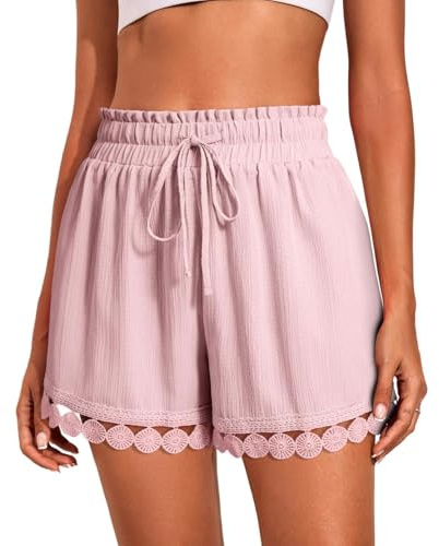 Mnking Pantalones Cortos Mujer Elásticos Cintura Alta Shorts Baño Cordón Verano Cover Up Ligeros y Transpirables Shorts Playa con Ribete Ecaje para Piscina Vcaciones Rosa S