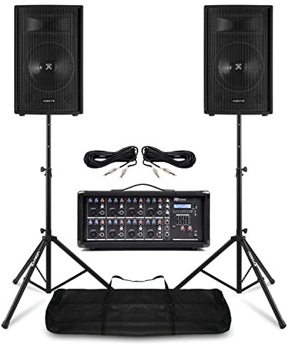 Complete PA System Package – Dual 8 Passive Speakers, 8-Channel Powered Mixer with Bluetooth, Speaker Stands & Cables, Ideal for Bands, Vocalists, DJs, Churches, Live Events, Portable Sound Kit
