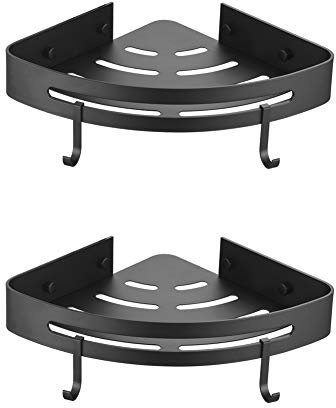 Ibergrif, Estante para Ducha con 2 Ganchos, Esquina Organizador de Baño, Cesta de Almacenamiento, Sin Taladros, Aluminio Space, 2 Packs, Negro (M34033B)