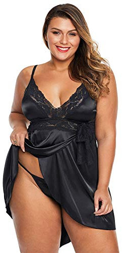 COSY-L Sexy Satin-Nachthemd für Damen, extra Größe, Schlafkleidung, Babydoll, mit Tanga, für Paare, Schwarz, XXL