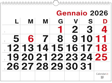 Calendario 2026 numeri grandi 12 mesi orizzontale da muro (A3-42X30 - CLASSICO)