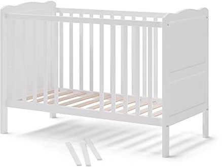 VitaliSpa Lit bébé Tobi, Blanc, 60x120 cm, avec sommier à Lattes réglable en Hauteur et côtés à barreaux Amovibles