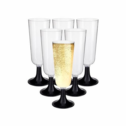 Champagne Flutes Plastic Wine with black base Glassware Reusable Whiskey Cups Gift Set Cocktail Glass For Men Women Indoor Outdoor Wedding Christmas Halloween shows Birthday Party Supplies (Pack Of 6)