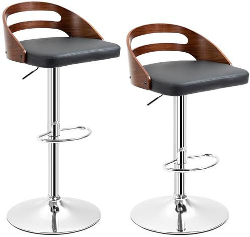 HOMCOM Set med 2 barstolar, modern design, justerbar sitthöjd, vridbar, 360°, syntetisk beläggning, svart, öppet ryggstöd i träutseende