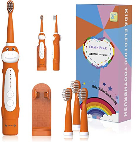 Elektrische Dinosaurier Zahnbürste, Kinder Schallzahnbürste für Kinder im Alter von 3-12 Jahren mit 30 Sekunden Erinnerung, 2 Minuten Timer, 5 Modi, 4 Bürstenköpfen, wiederaufladbar
