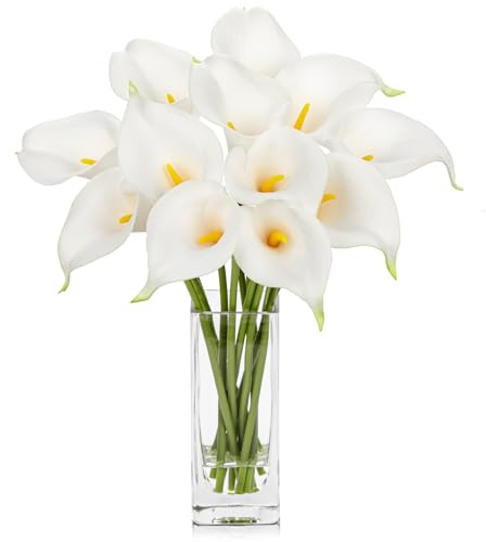 DILATATA Fake Flowers in Vase 12“ Artificial Calla Lily Pure-White Flowers Arrangement with Vase and Faux Water for Home Decor Dining Table