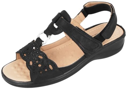Cushion Walk Ladies Tbar Diamante Open Toe Touch Close Slingback Summer Sandals (Black, 5)