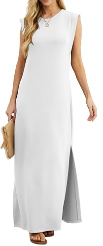 GRECERELLE Womens Summer Maxi Dress Casual Shirt Dresses Elegant Styles Basic Sleeveless Maxi Dresses for Women UK with Split and Pockets (White, S)