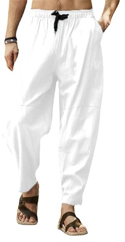 CheChury Pantalones de Lino para Hombre Pantalon de Jogging Pants Casuales de Verano con Bolsillos Pantalones Holgados con Cordón Pantalon Cómodos y Ligeros Pantalone Transpirables de Verano