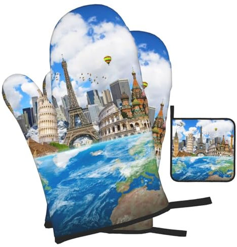 Ofenhandschuhe und Topflappen, 3er-Set, Motiv: Weltberühmte Gebäude, bedruckt, Küchenhandschuhe, modisch, hitzebeständig, Ofenhandschuh-Set für Grill, Backen, Kochen