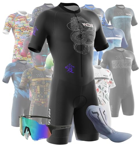 Men's Cycling Skinsuit Gel Padded,Triathlon Suit Men’s,Men's Triathlon Tri Suit Short Sleeve Cycling Skinsuit with 3 Rear Pockets Quick-Drying