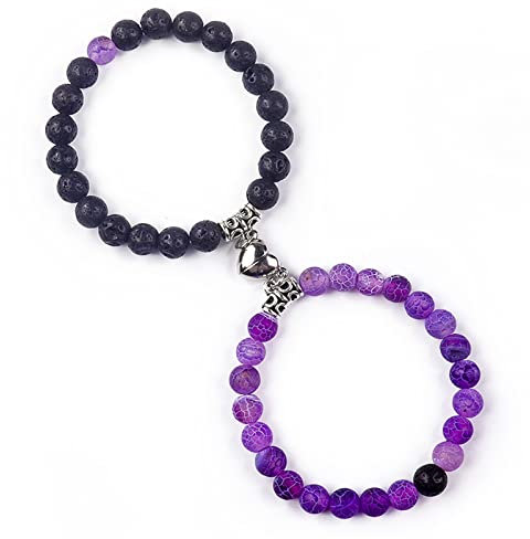 Matching Couple Bracelets Healing Crystal Heart Bracelet for Lover Him & Her Boyfriend Girlfriend Valentine's Day Gifts (Purple Weathered Agate+ Black Lava Rock Stone)