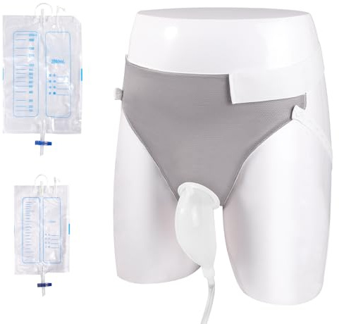 FAMJOALE Wearable Urinal for Men, Male Urine Collection Bag for Elderly, Reusable Protable Silicone Urinals with 2 Urine Catheter Bags(2000ML*1+1000ML*2) for Adult Mens, Bedridden Patients(Grey)