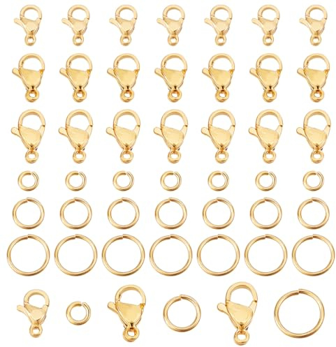 PH PandaHall 45 cierres de pinza de langosta chapados en oro de 24 quilates de 3 tamaños con 150 anillos abiertos de 4/6/8 mm, cierres de joyería para aretes, pulseras, collares, colgantes, joyas,