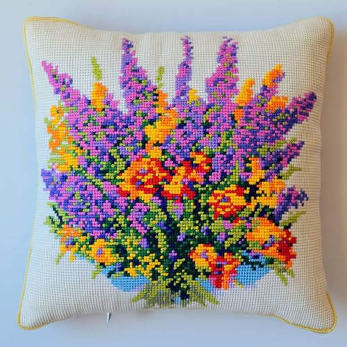 AMBATTERY Kit Per Cuscino A Punto Croce, Mazzo viola della lavanda Prestampato Set per Cuscino Punto Croce Cuscino Punto Croce Fai da te con Ago da Ricamo e Filo da Ricamo 45x45cm