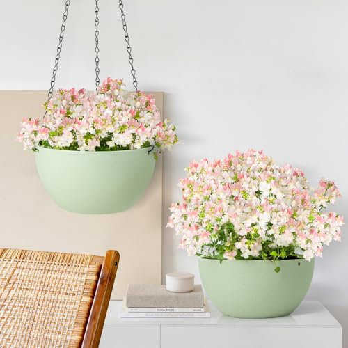XXXFLOWER Hanging Planters Plant Pots Set with Drainage Holes and Chain 2 Pack Plastic Hanging Baskets for Outdoor Indoor Plant Hanger with Iron Chain Flower Pot Basket for Home Garden Decor