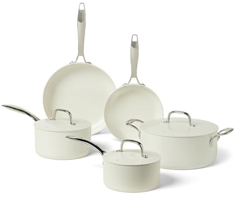 Amazon Basics Batería de Cocina Antiadherente de Cerámica, Juego de 8 Piezas de Ollas y Sartenes, Aptas para Lavavajillas y Horno, Compatibles con Todo Tipo de Fuegos, Marfil