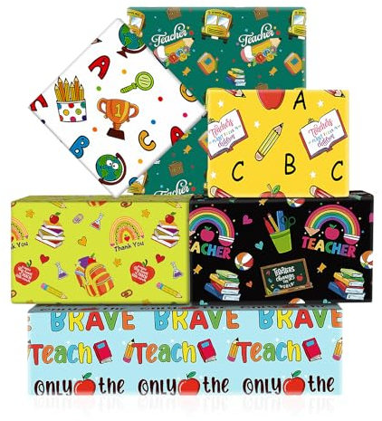 Geschenkpapier-Set für Lehrer, 6 Bögen, Dankeschön, Geschenkpapier, Bleistift, ABC, Apfel, Schulanfang, Geschenkpapier für Abschluss, Schulanfang, Lehrertag, 68 x 51 cm