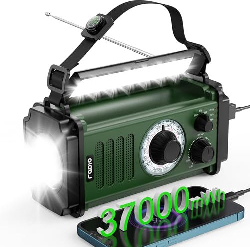 10000mAh/37000mWh Wind Up Solar Radio, AM/FM Hand Crank Emergency Weather Radio, 4 Charging Methods, Polymer Battery, Flashlight & Reading Lamp, SOS Alarm, Phone Charger for Emergency, Green