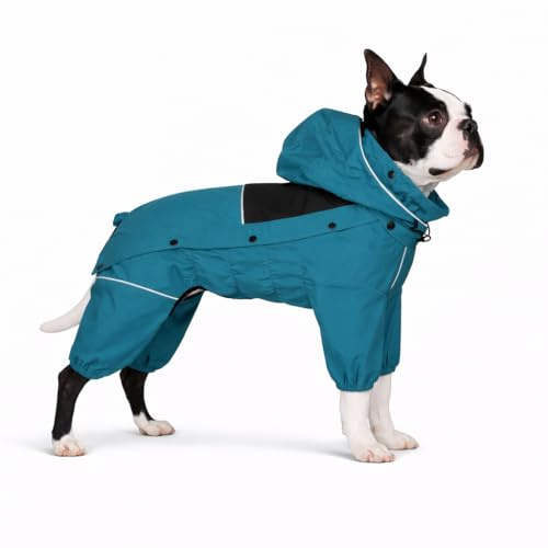 LOVELONGLONG Waterproof Dog Raincoat with Removable Hood – Outdoor Full Body Dog Jacket, Windproof Snowproof Shell Suit – All Season Pet Rain Gear Ocean Teal L