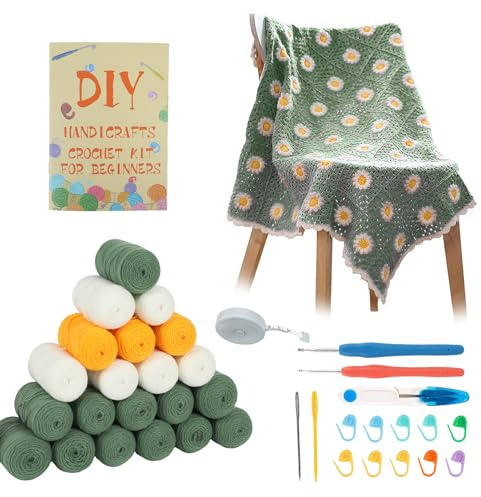 XQZMD Kit di coperte all'uncinetto per principianti, kit all'uncinetto, kit per adulti con filato e accessori, kit per realizzare una coperta quadrata con margherite all'uncinetto (verde)