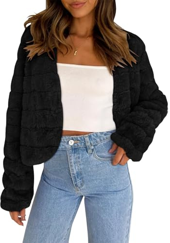 COCCKO Women's 2025 Faux Fur Coats Fleece Cropped Jacket Long Sleeve Shaggy Warm Outerwear Fall Winter Clothes