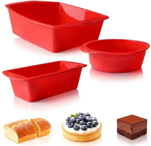 3 Stück Silikon Backformen Set, Silikonform Kuchen, Silikonbackform Kastenform Antihaftmittel, Silikon Backform Rund Kuchenform Brotbackform Quadratische für Gebäck Brot Backen Toast Brot Laib (Rot)