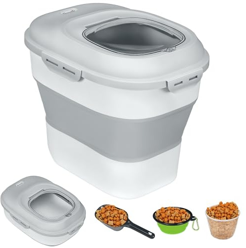 PawHut Conteneur à croquettes pour chien pliable 25L rangement hermétique pour nourriture avec couvercles hermétiques, roulettes, tasse, bol et cuillère, pour animaux de compagnie, gris